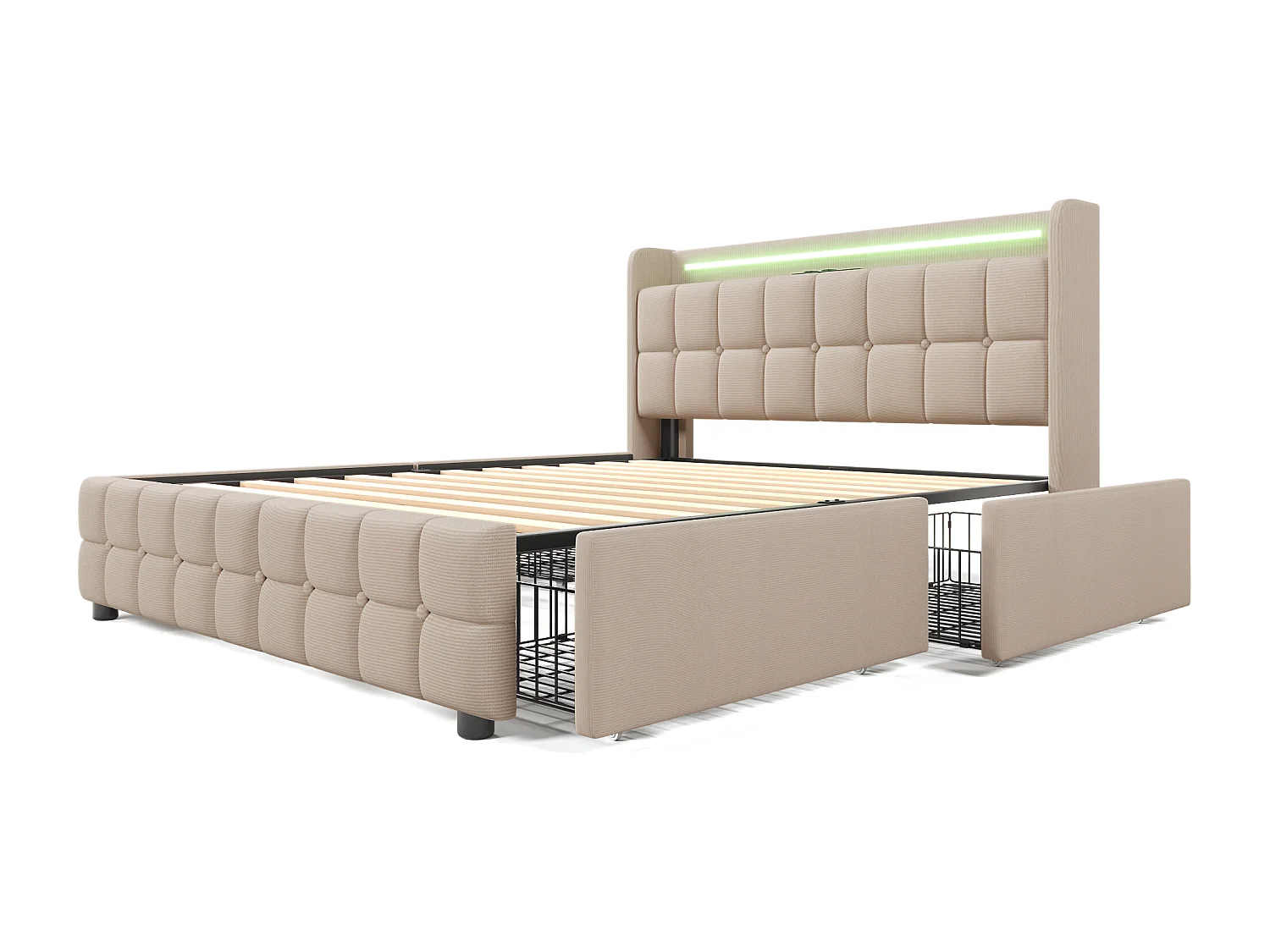 Lit double 220x164.5x103.5 cm avec LED USB quatre tiroirs Cadre de lit à lattes en bois Matelas en beige pour adultes et adolescents