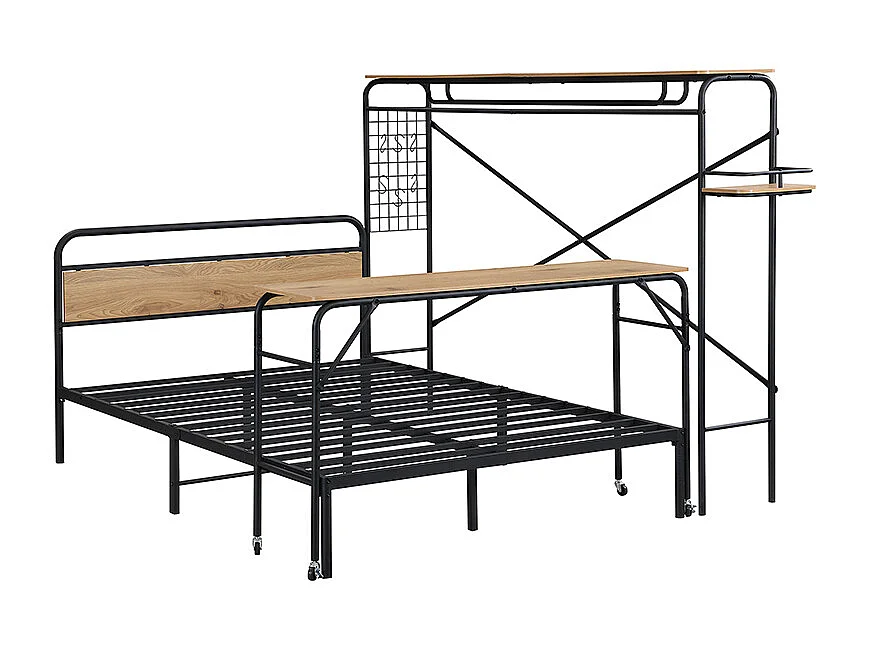 Lit double 212x141x151.5 cm avec table et porte-manteau à roulettes en noir et Couleur naturelle pour adultes et adolescents