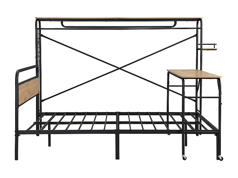 Lit double 212x141x151.5 cm avec table et porte-manteau à roulettes en noir et Couleur naturelle pour adultes et adolescents