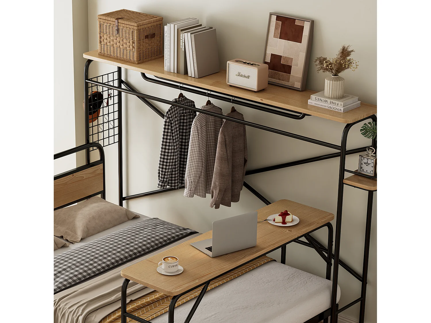 Lit double 212x141x151.5 cm avec table et porte-manteau à roulettes en noir et Couleur naturelle pour adultes et adolescents