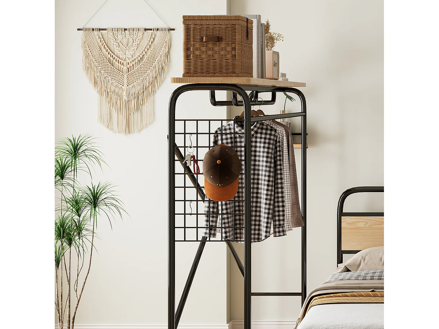 Lit double 212x141x151.5 cm avec table et porte-manteau à roulettes en noir et Couleur naturelle pour adultes et adolescents