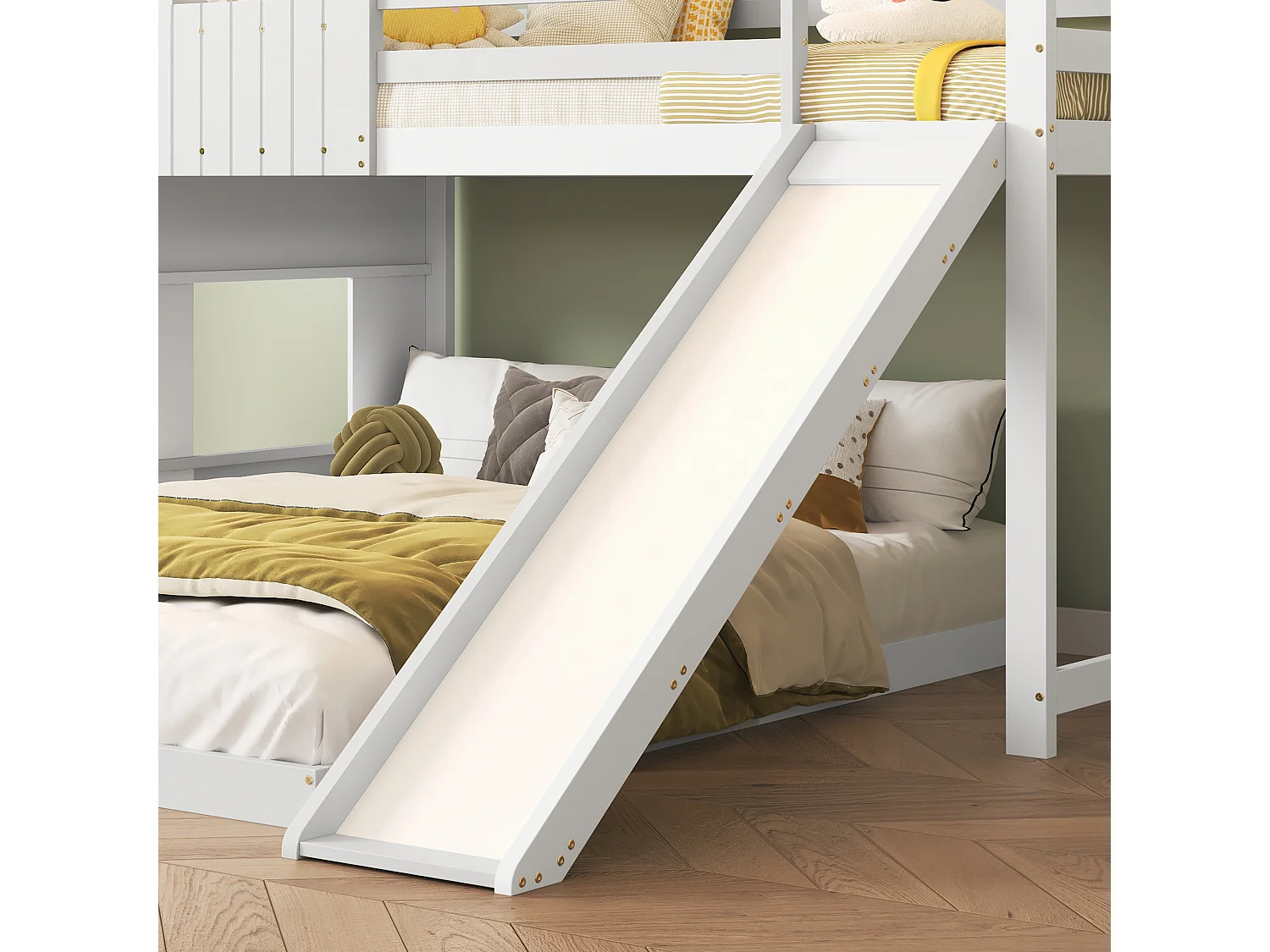 Lit superposé 210x227x216 cm avec toboggan, rambardes de sécurité et échelle Matériau MDF en blanc pour enfants et adolescents