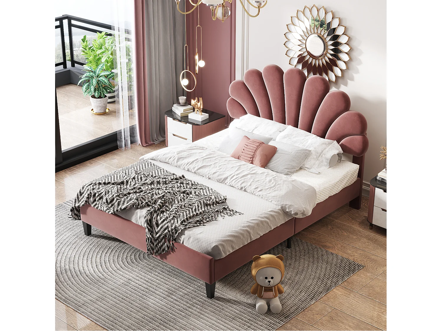 Lit double 206x150x110.5 cm avec tête de lit en forme de fleur et sommier à lattes Panneaux de particules en rouges pour adultes et adolescents