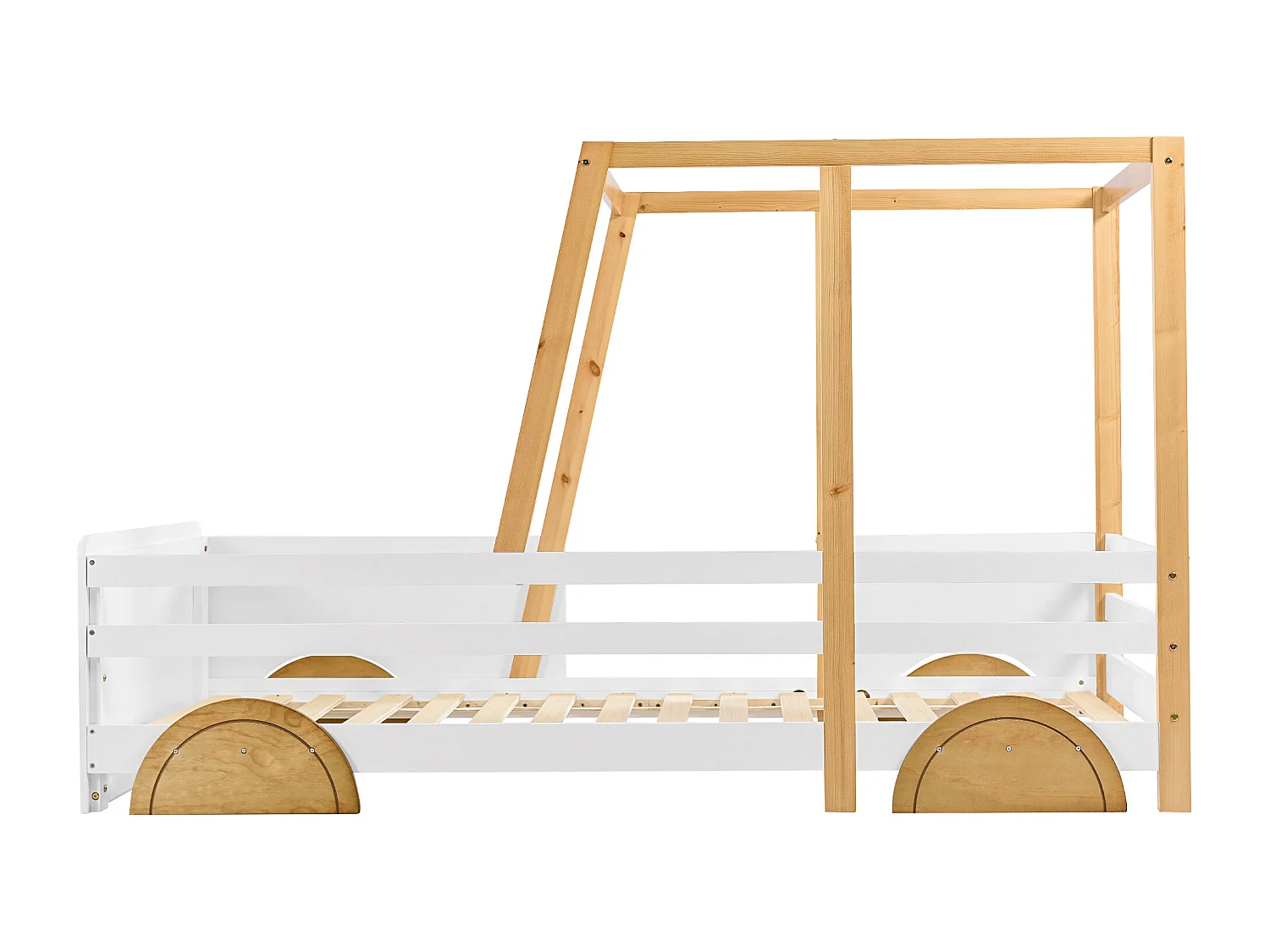 Lit enfant 207.5x95x124 cm avec Bordures latérales et moulures en forme de voiture en blanc pour enfants et adolescents
