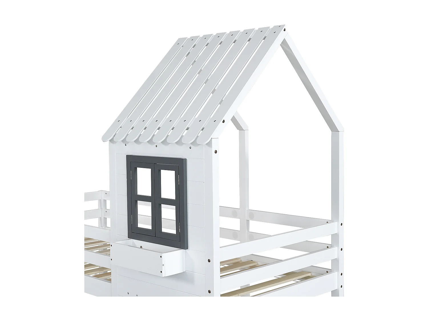 Stapelbed 208x96x229,5 cm met armleuningen, raam en uitvalbeveiliging. Frame van grenenhout in wit en grijs, geschikt voor kinderen en tieners.