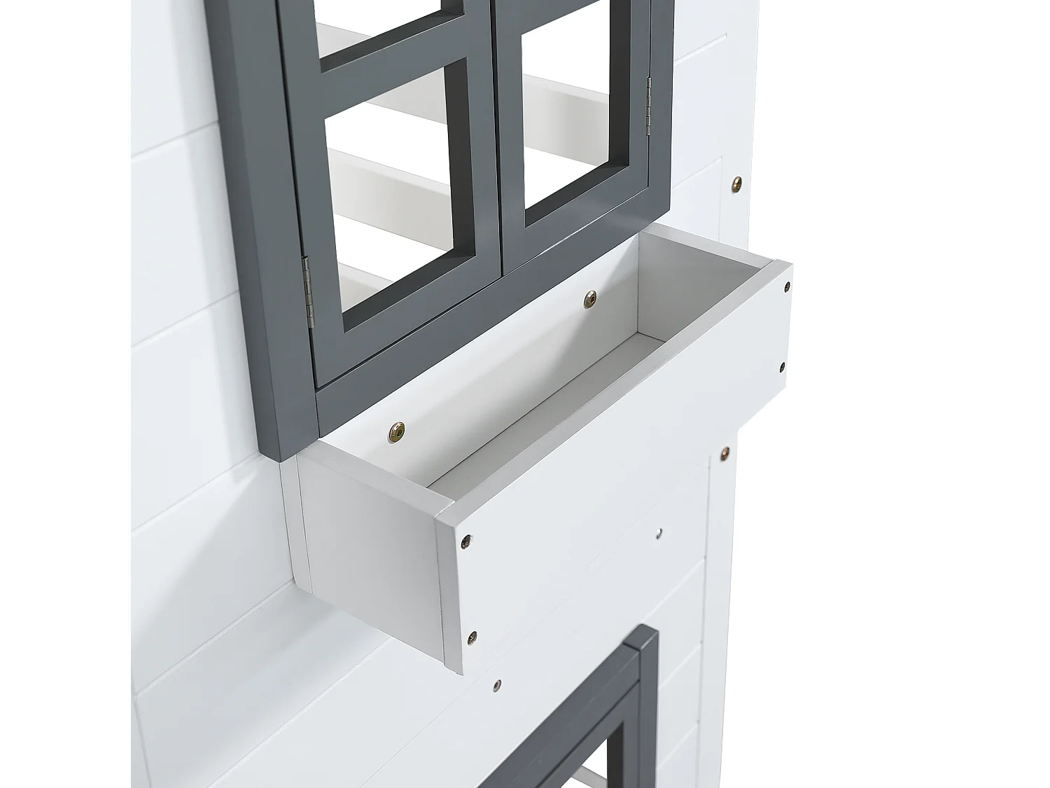 Stapelbed 208x96x229,5 cm met armleuningen, raam en uitvalbeveiliging. Frame van grenenhout in wit en grijs, geschikt voor kinderen en tieners.