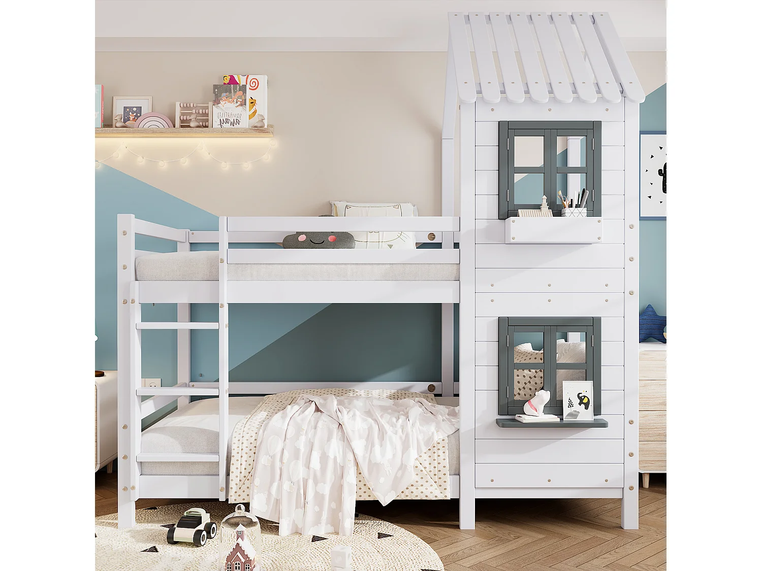 Stapelbed 208x96x229,5 cm met armleuningen, raam en uitvalbeveiliging. Frame van grenenhout in wit en grijs, geschikt voor kinderen en tieners.