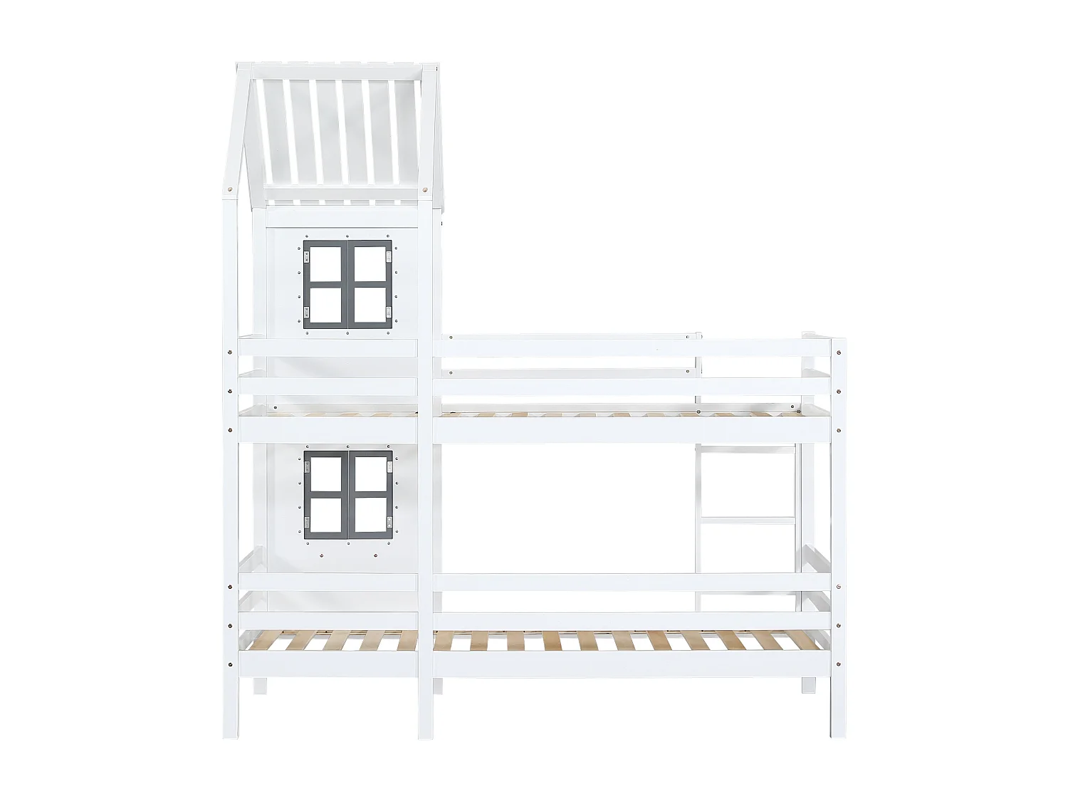 Lit superposé 208x96x229.5 cm avec accoudoirs et fenêtre et barrières de sécurité Structure en pin en blanc et gris pour enfants et adolescents
