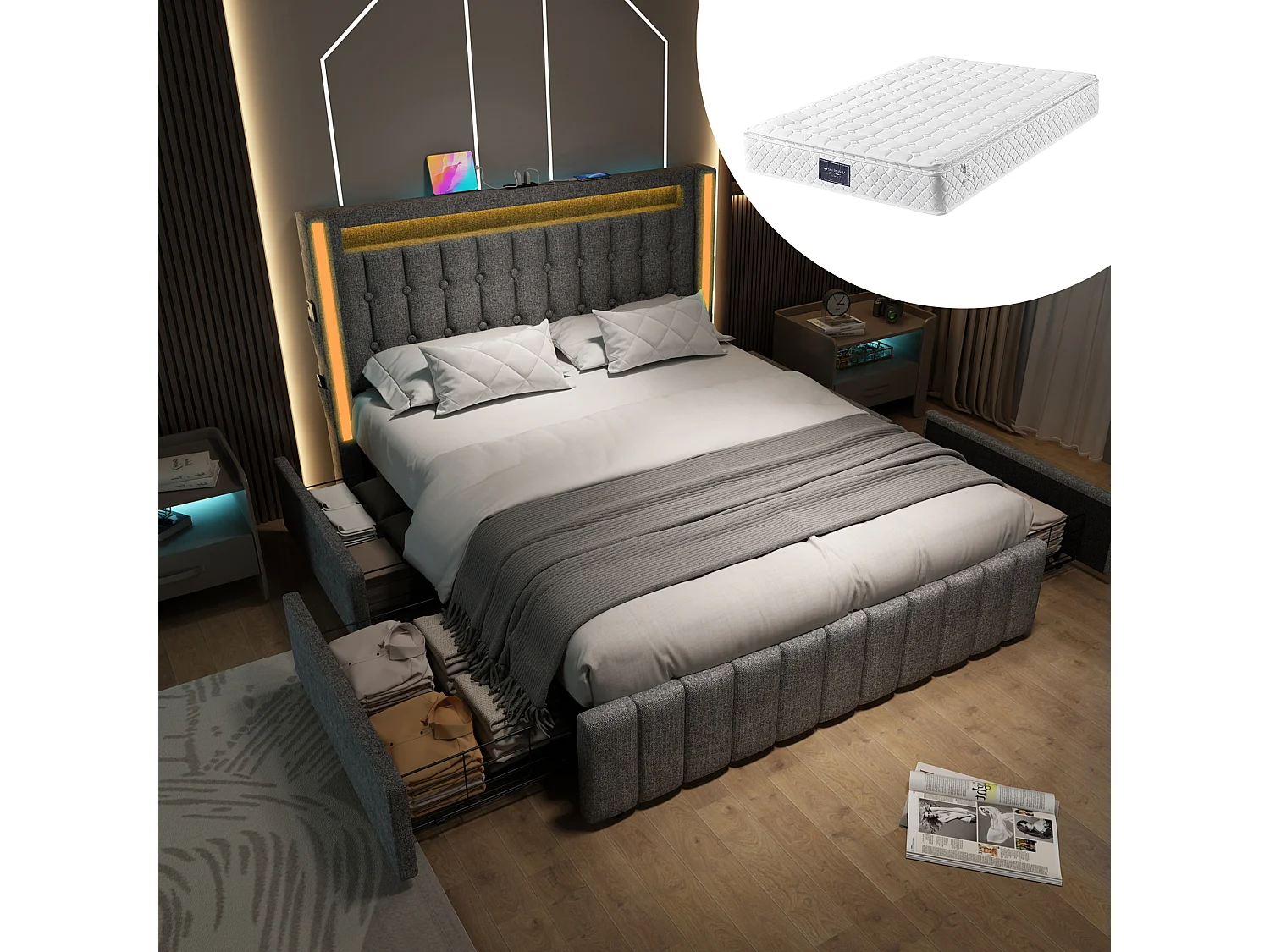 Lit double 209x149x104 cm avec Matelas USB quatre tiroirs Cadre de lit à lattes en bois gris pour adultes et adolescents