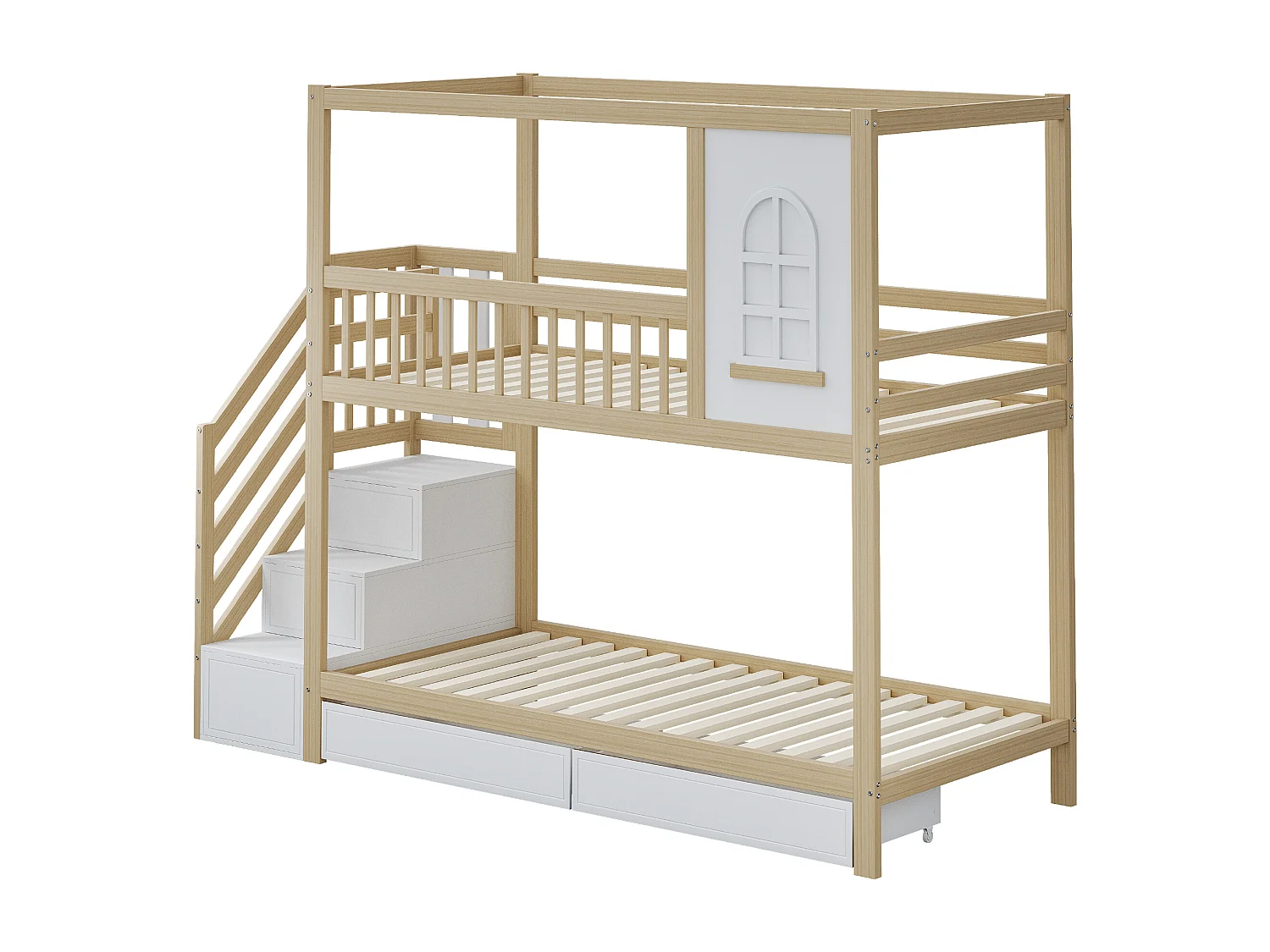 Lit superposé 252x96x192 cm avec tiroirs de rangement et échelle de sécurité Couleur naturelle pour enfants et adolescents