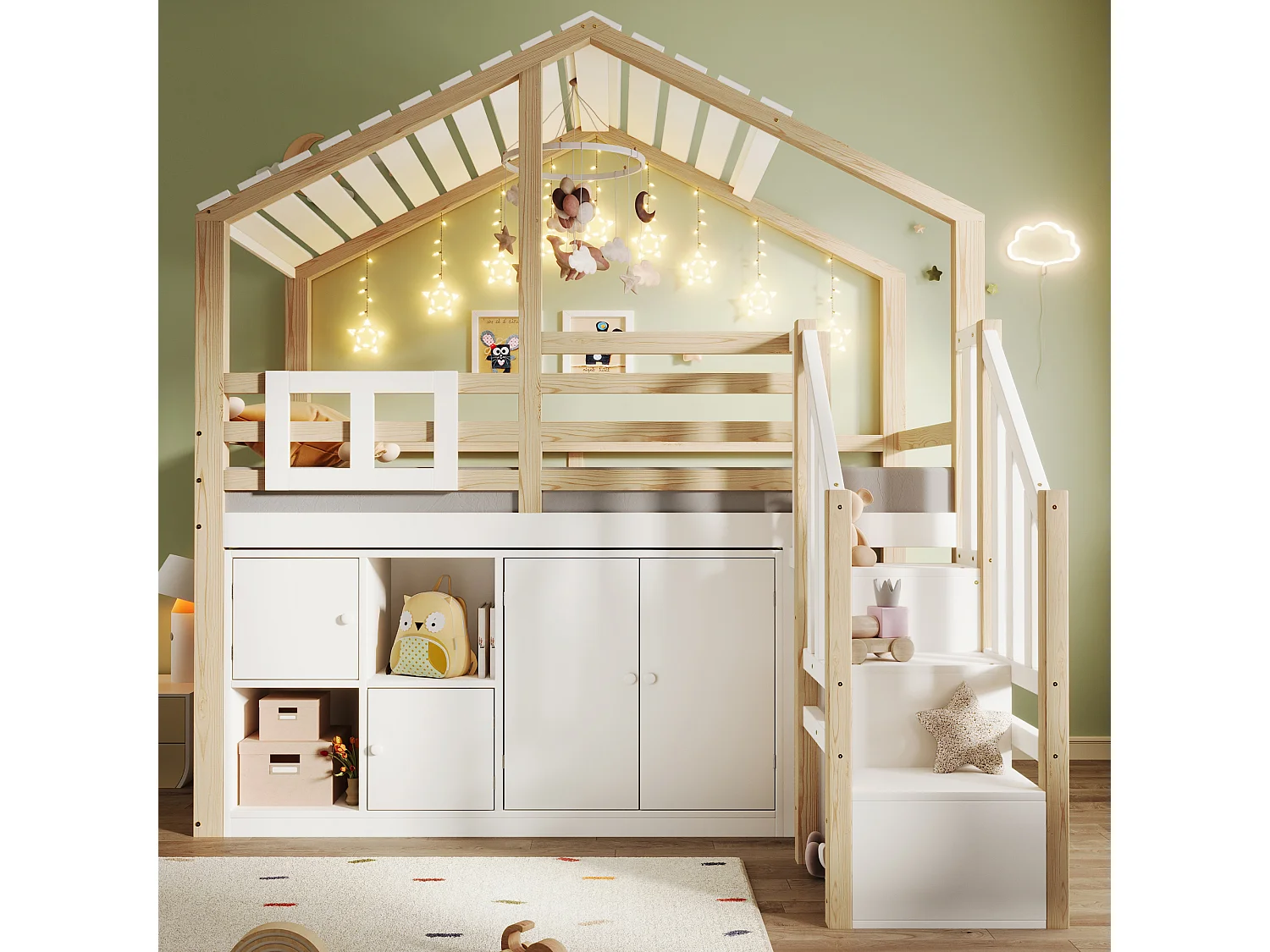 Lit superposé 204x167x160 cm avec meuble de rangement et échelle et rambarde en blanc pour enfants et adolescents