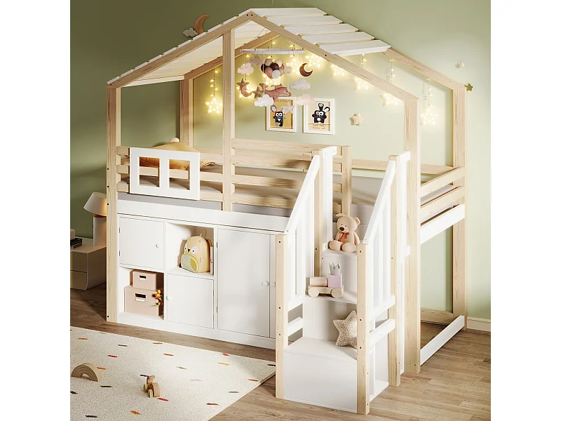 Lit superposé 204x167x160 cm avec meuble de rangement et échelle et rambarde en blanc pour enfants et adolescents