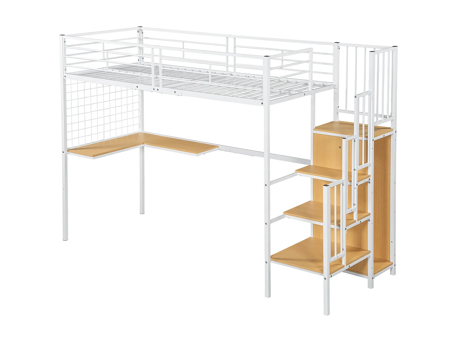 Lit superposé 254x95x170 cm avec table et armoire et échelle Panneaux de particules en blanc pour enfants et adolescents