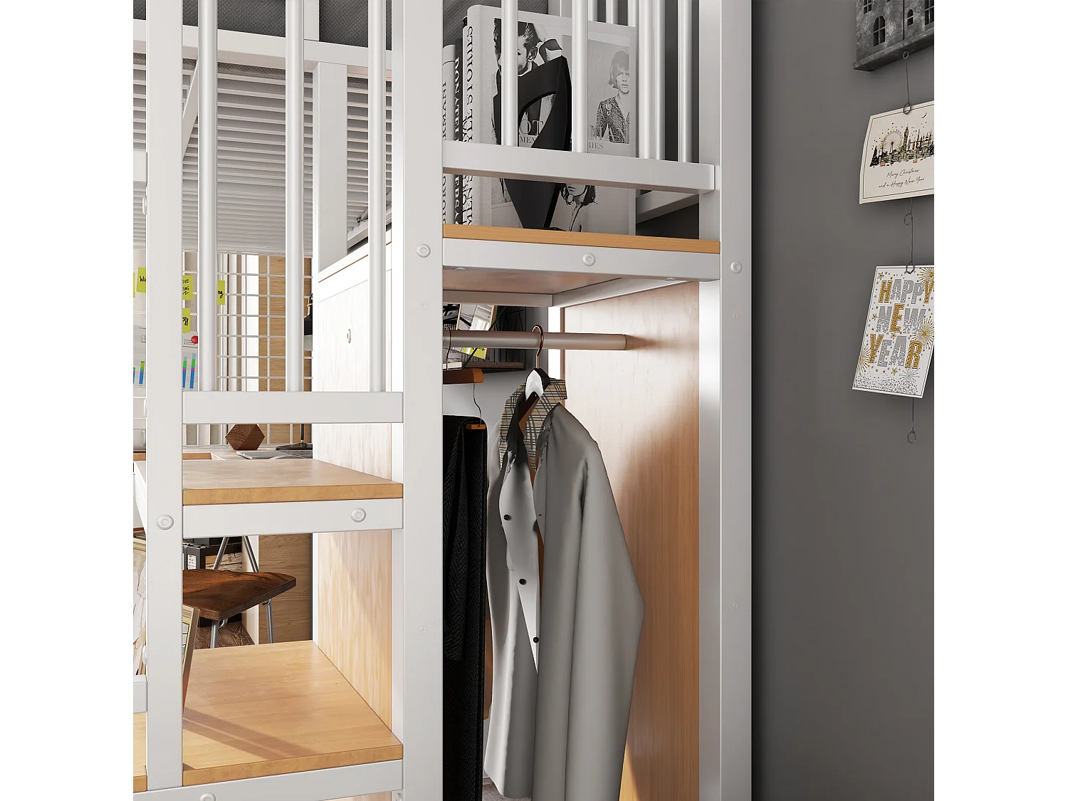 Lit superposé 254x95x170 cm avec table et armoire et échelle Panneaux de particules en blanc pour enfants et adolescents