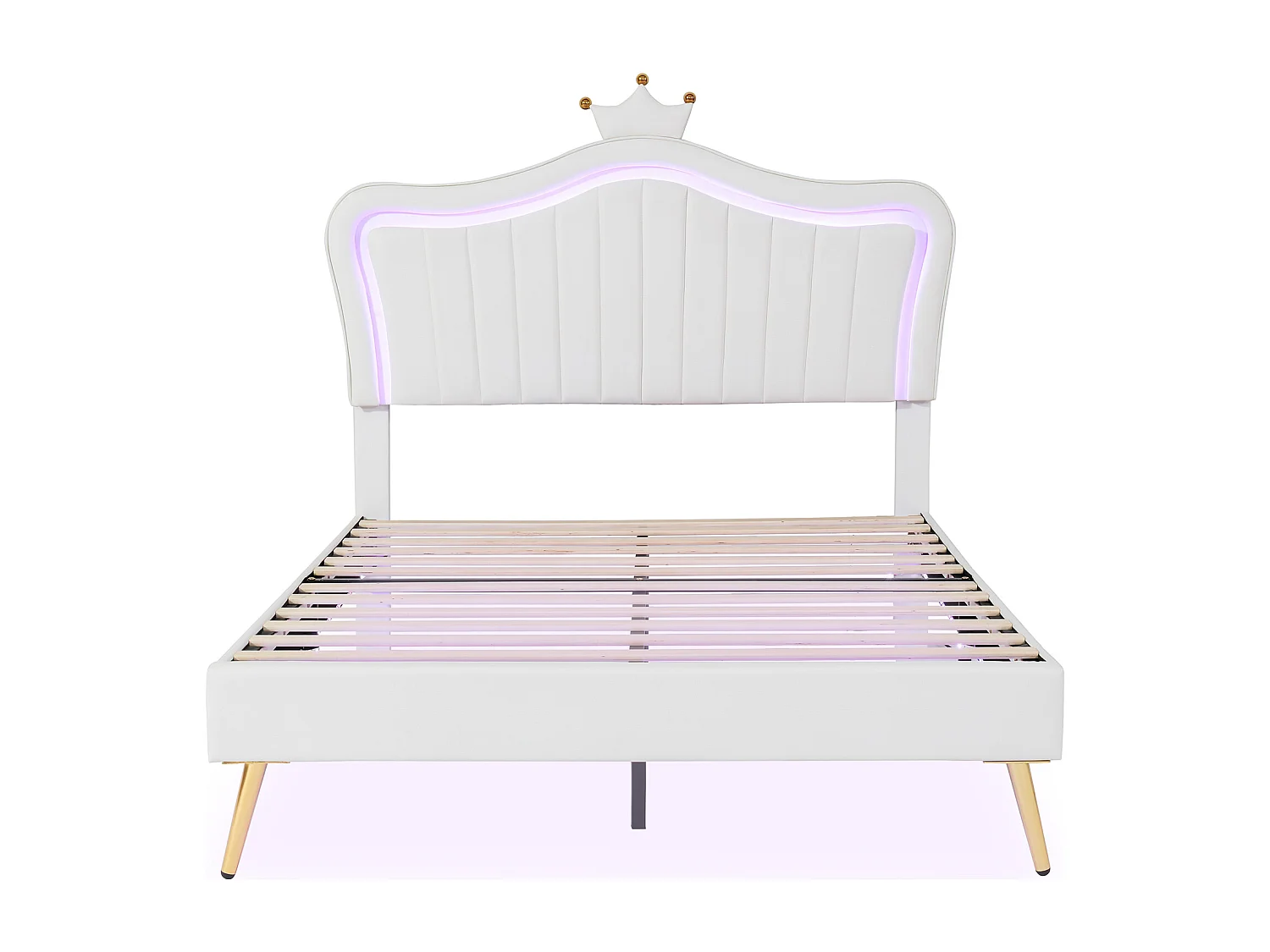 Lit enfant 203x152x122 cm avec LED Tête de lit capitonnée en forme de couronne en blanc pour enfants et adolescents