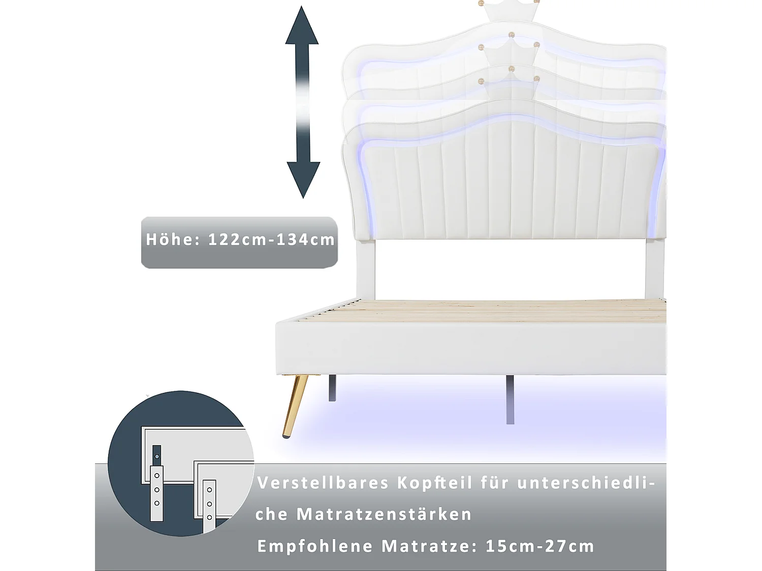 Lit enfant 203x152x122 cm avec LED Tête de lit capitonnée en forme de couronne en blanc pour enfants et adolescents