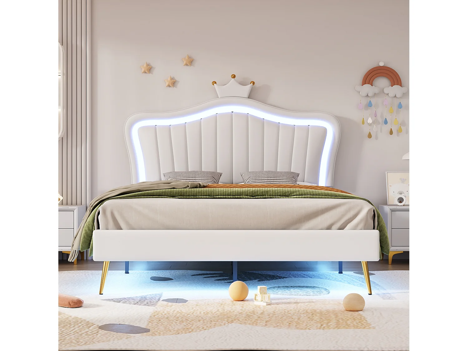 Lit enfant 203x152x122 cm avec LED Tête de lit capitonnée en forme de couronne en blanc pour enfants et adolescents