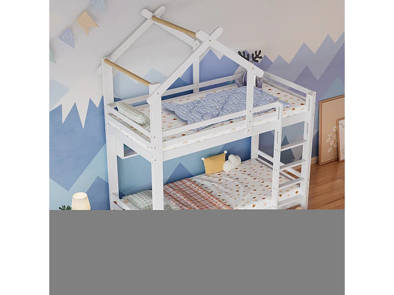 Lit superposé 205x95x227 cm avec tiroirs et étagères et échelle et barrières de sécurité en blanc pour enfants et adolescents