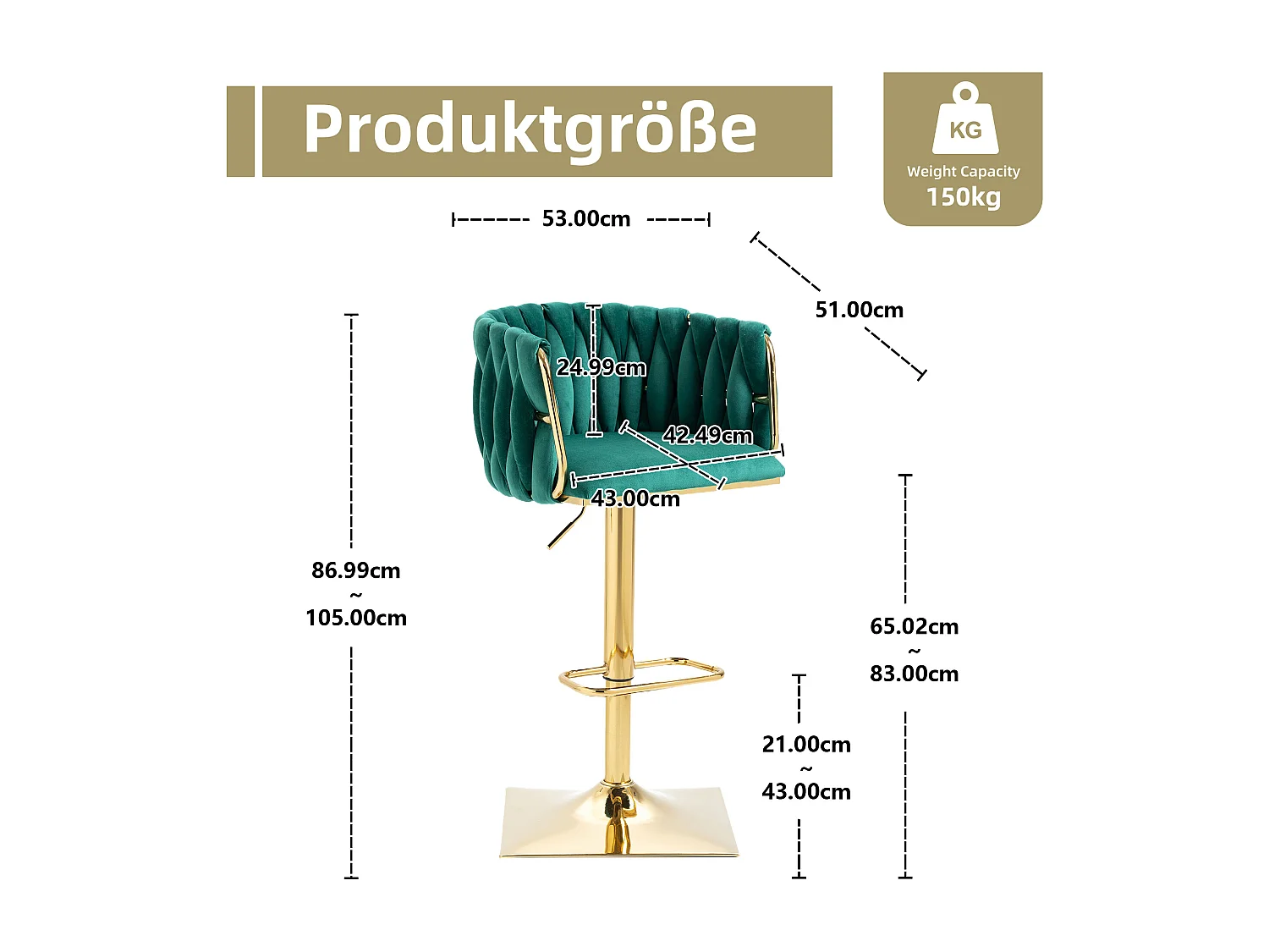Tabourets de bar 53x51x105 cm avec Dossier et repose-pieds Pivotant à 360° en vert pour Salon et salle à manger
