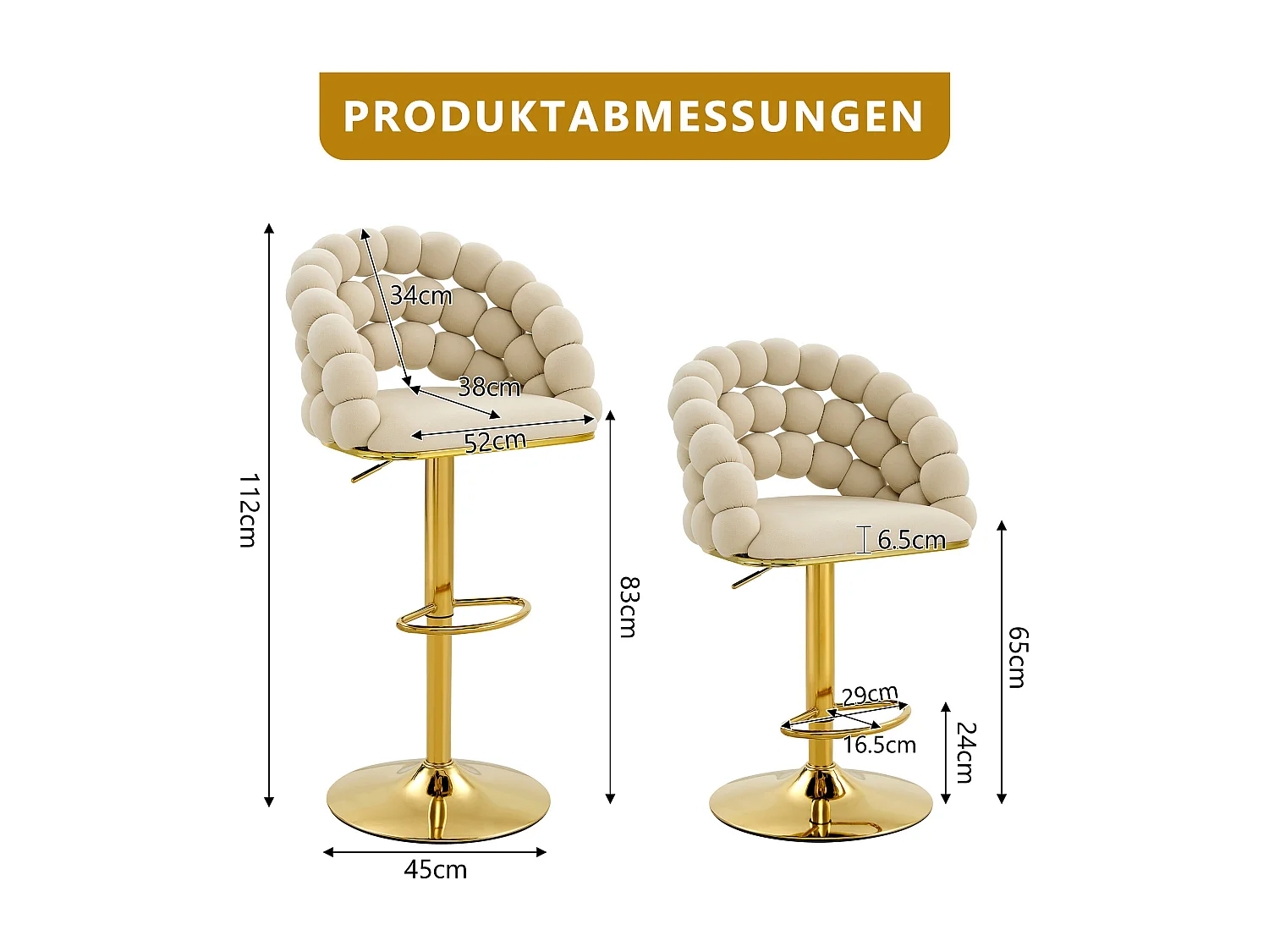 Set van 2 barkrukken, in hoogte verstelbaar 65-112 cm, rugleuning met kralenkettingen, comfortabele zitting, metaal en fluweel, gebroken wit