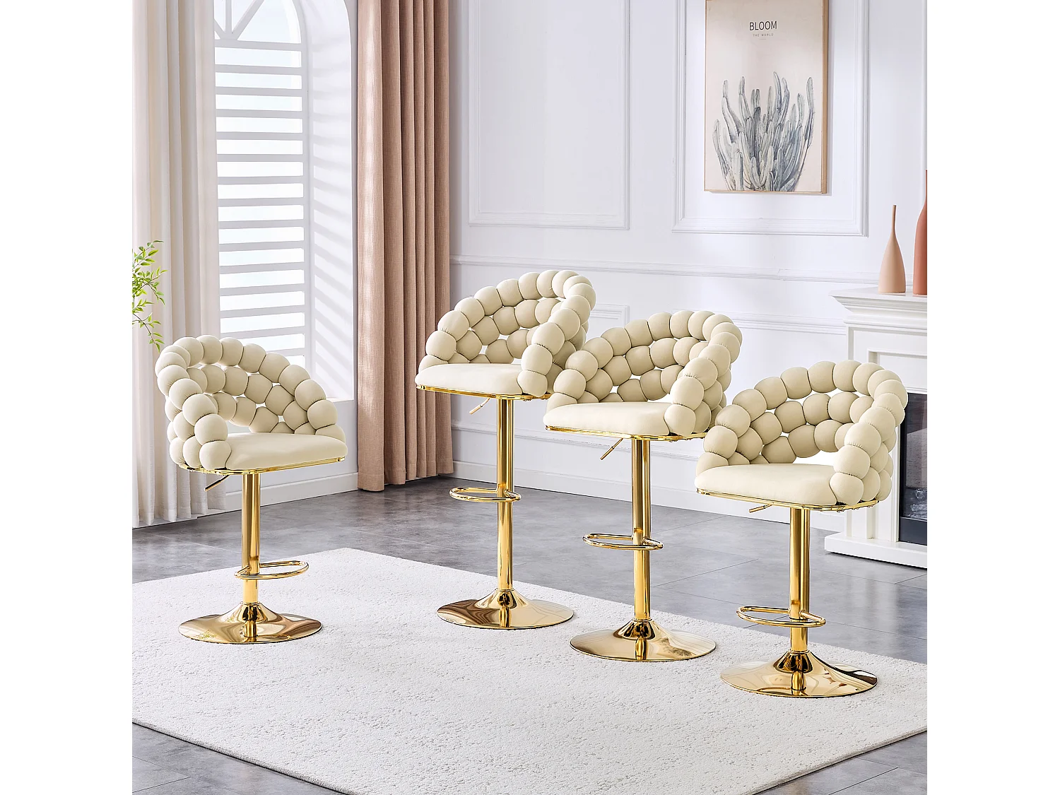 Set van 2 barkrukken, in hoogte verstelbaar 65-112 cm, rugleuning met kralenkettingen, comfortabele zitting, metaal en fluweel, gebroken wit