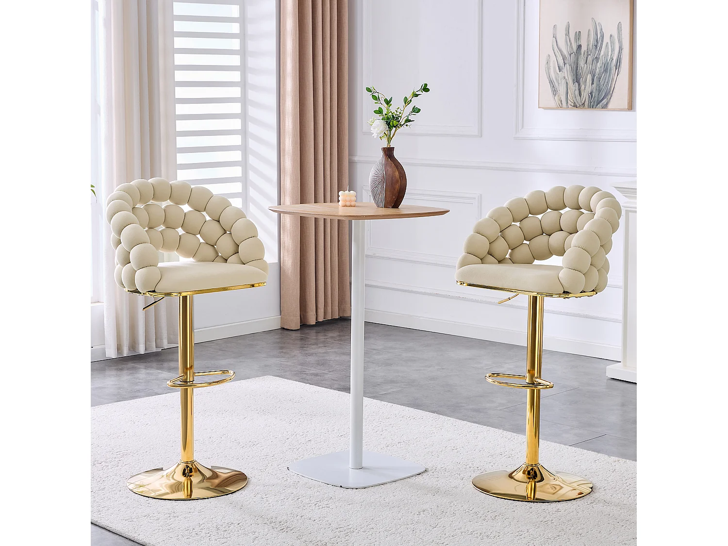 Set van 2 barkrukken, in hoogte verstelbaar 65-112 cm, rugleuning met kralenkettingen, comfortabele zitting, metaal en fluweel, gebroken wit