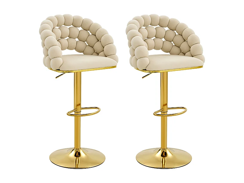 Set van 2 barkrukken, in hoogte verstelbaar 65-112 cm, rugleuning met kralenkettingen, comfortabele zitting, metaal en fluweel, gebroken wit