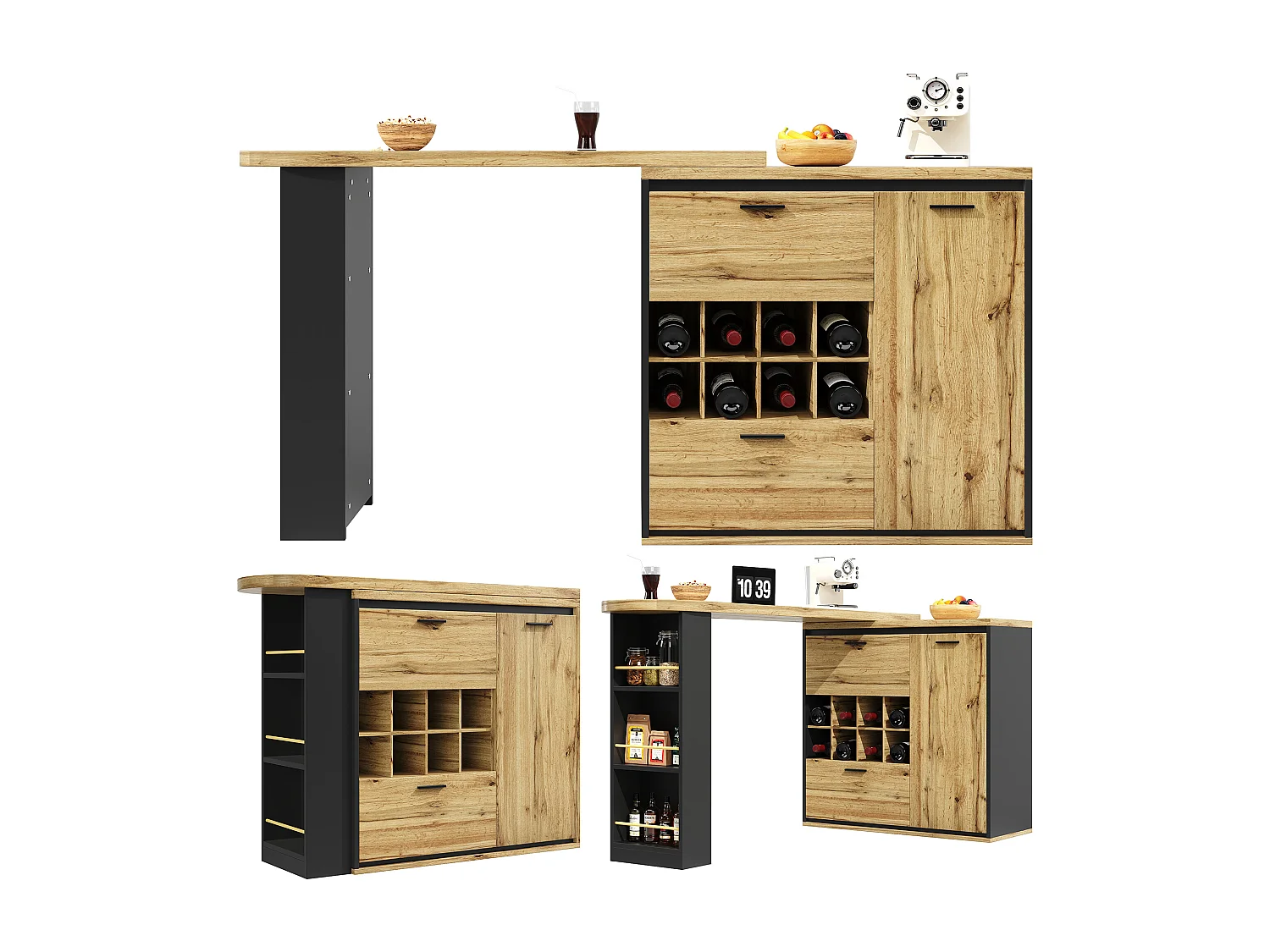 Table à manger 138x39x105 cm avec Deux tiroirs et casier à bouteilles et compartiments de rangement Plateau extensible pour Salle à manger et cuisine