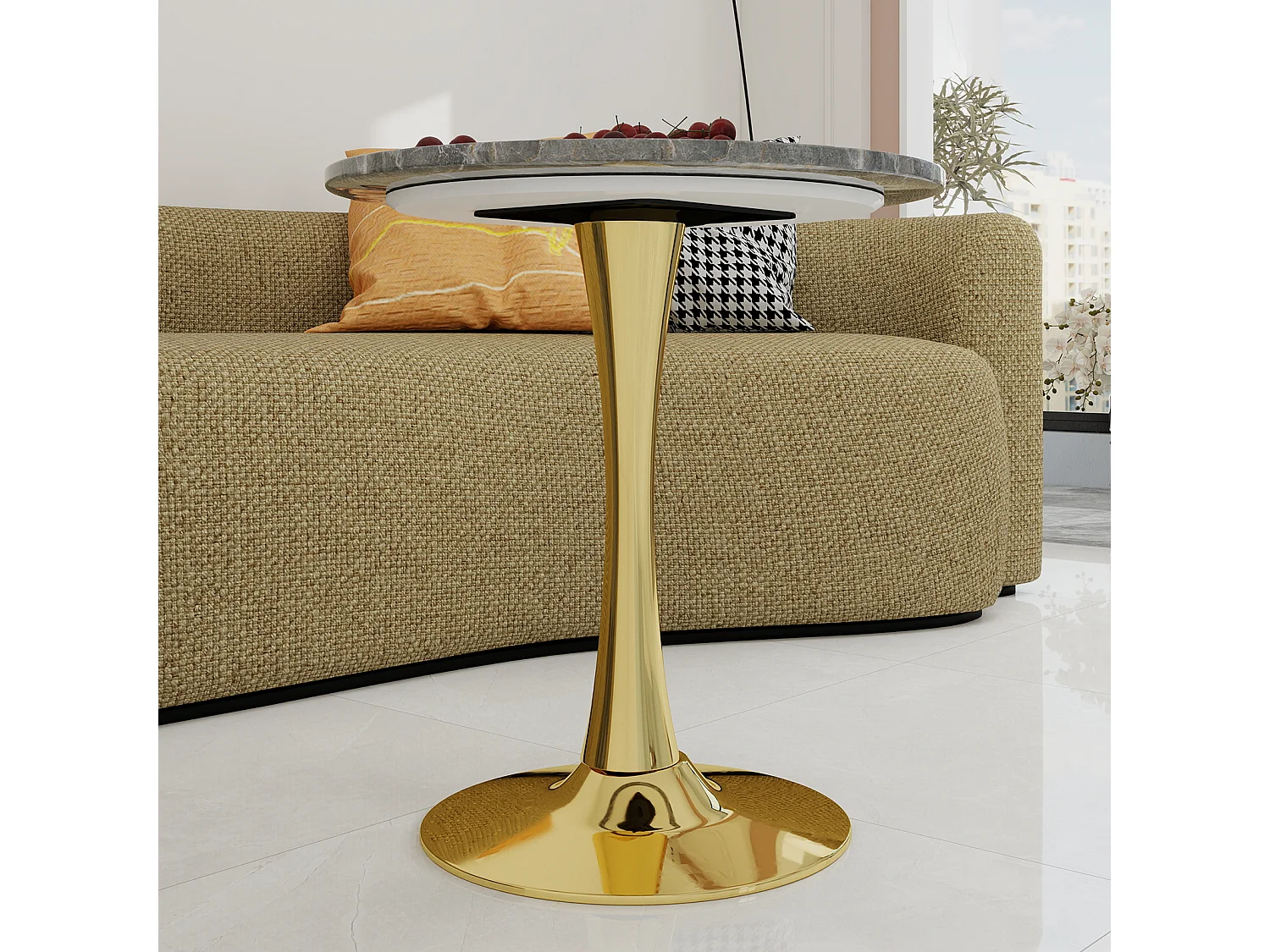 Table ronde polyvalente pour salon salle à manger marbre artificiel doré