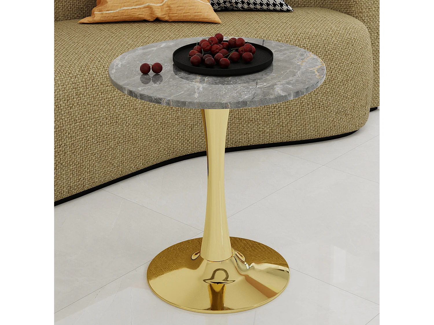 Table basse ronde, design minimaliste, multi usages, ambiance raffinée, marbre artificiel doré