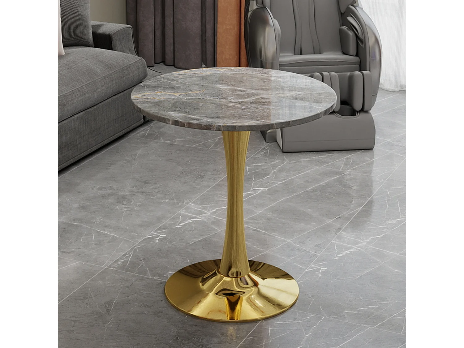 Table basse ronde, design minimaliste, multi usages, ambiance raffinée, marbre artificiel doré