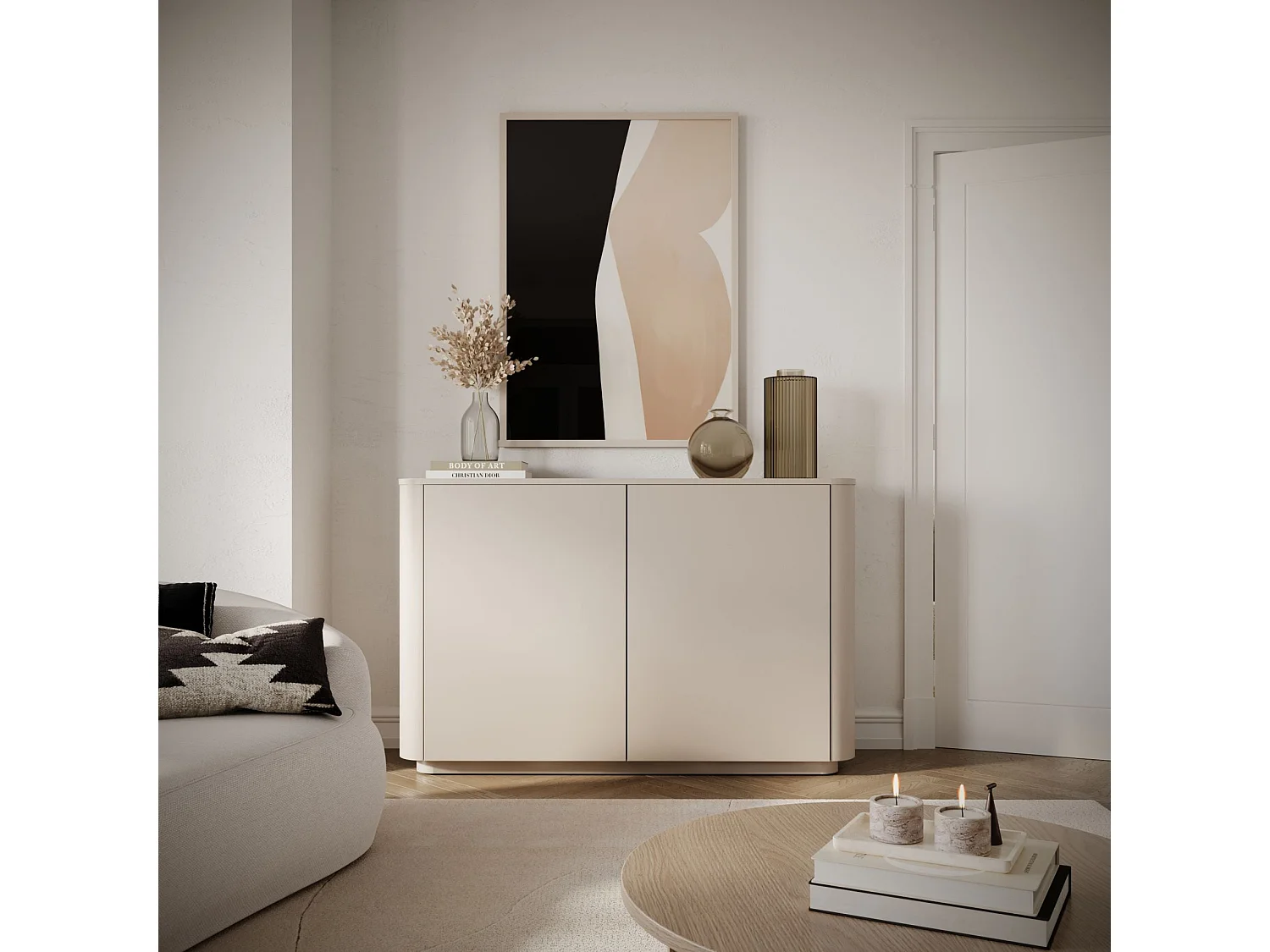 Dressoir met 2 deuren en 6 vakken – afgeronde randen – 140 cm – kasjmiergrijs – LUVIO