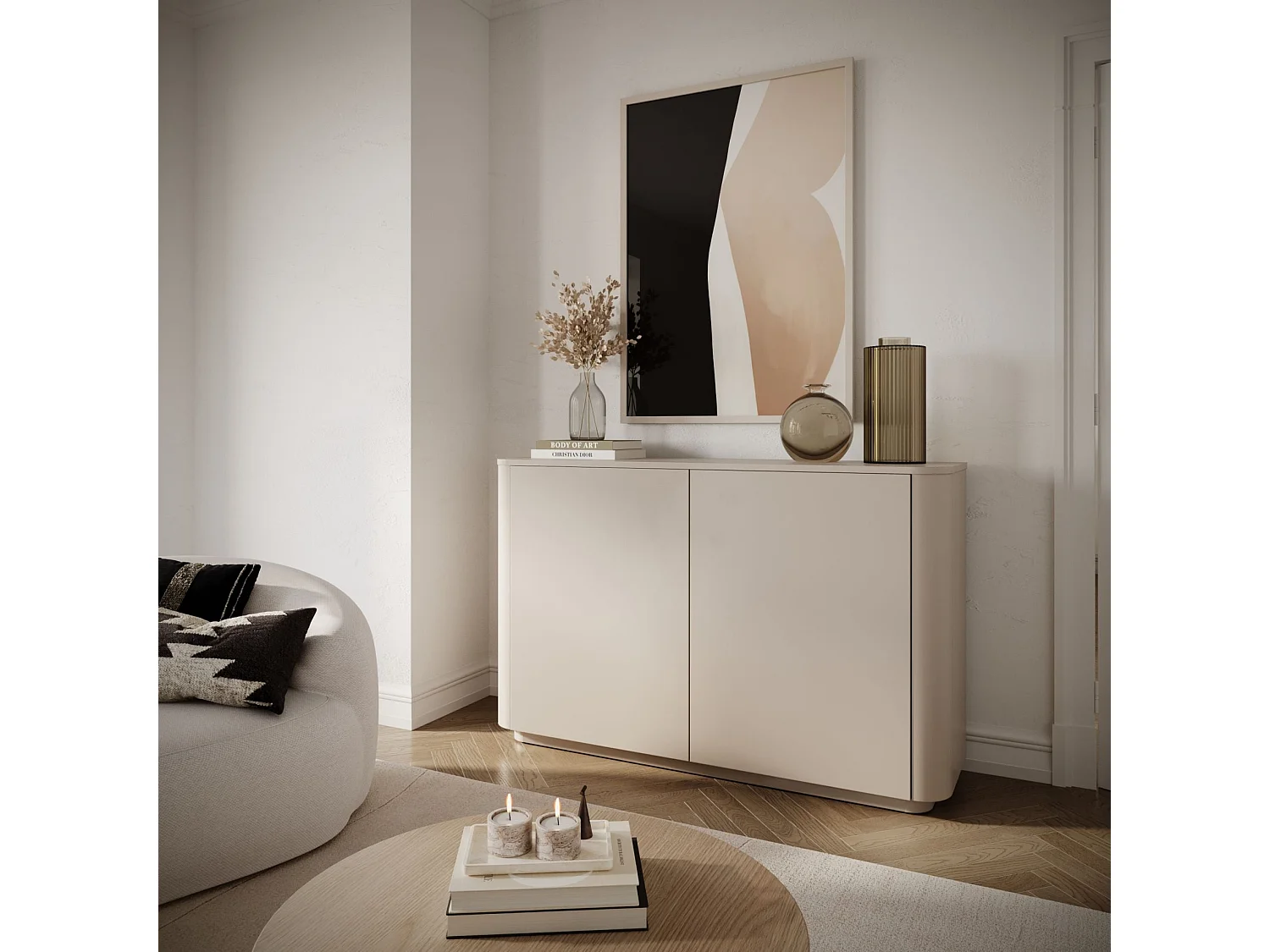 Dressoir met 2 deuren en 6 vakken – afgeronde randen – 140 cm – kasjmiergrijs – LUVIO