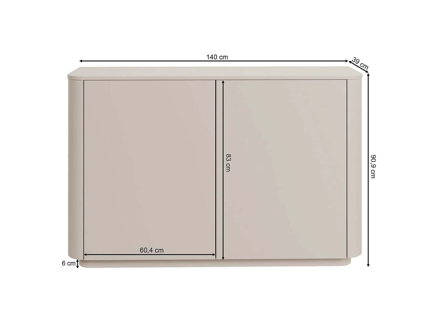 Dressoir met 2 deuren en 6 vakken – afgeronde randen – 140 cm – kasjmiergrijs – LUVIO
