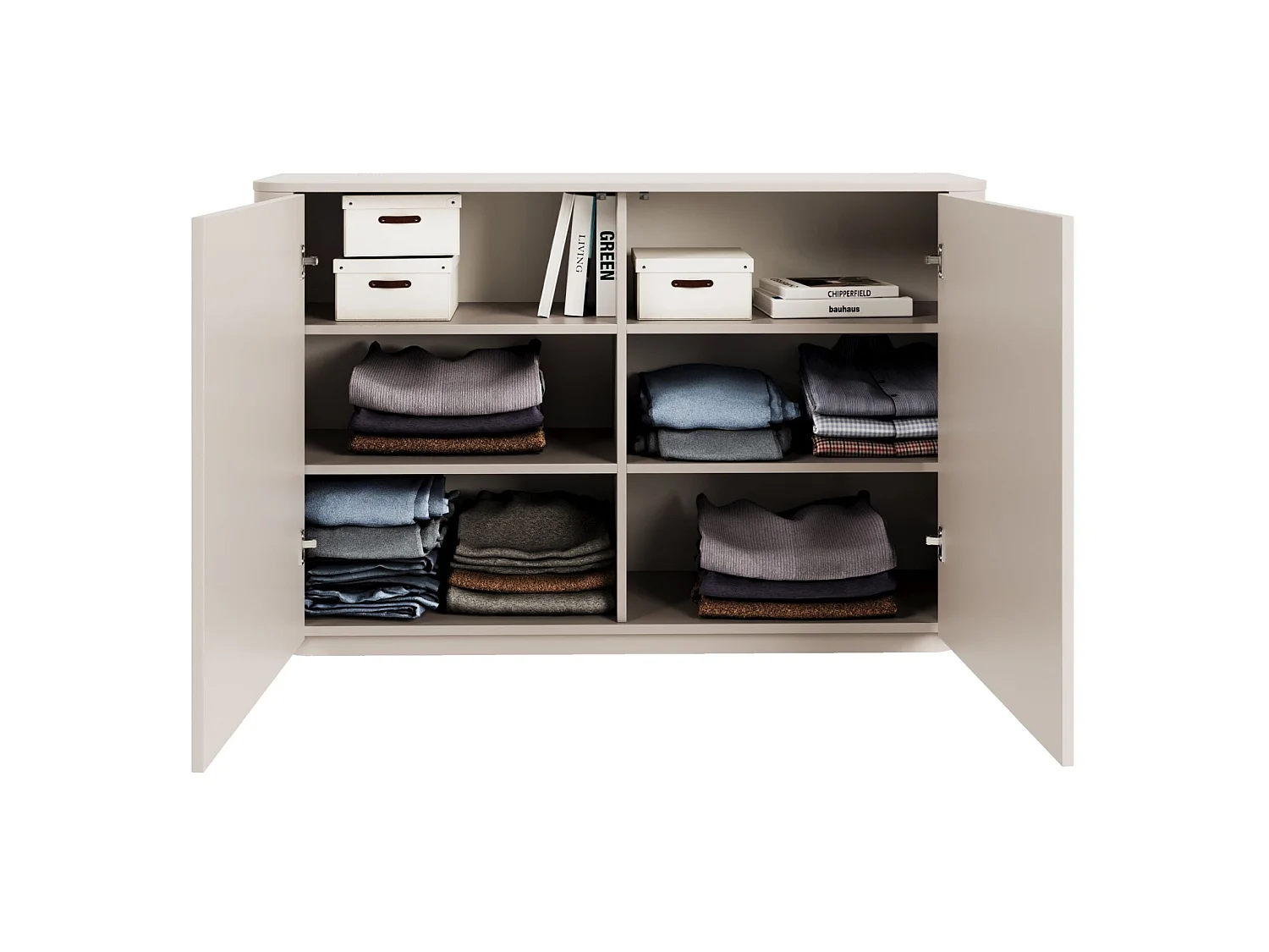 Dressoir met 2 deuren en 6 vakken – afgeronde randen – 140 cm – kasjmiergrijs – LUVIO