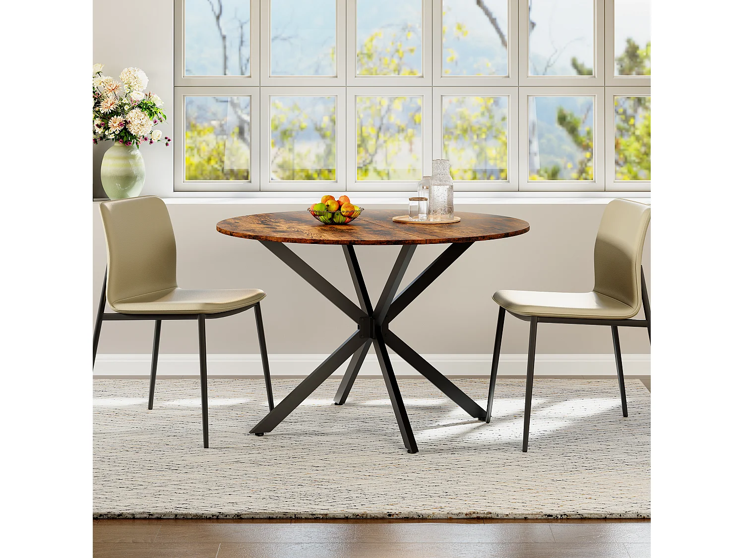 Table à manger ronde 120x120x78cm style industriel Pieds de table en fer en brunâtre noir pour cuisine et salon