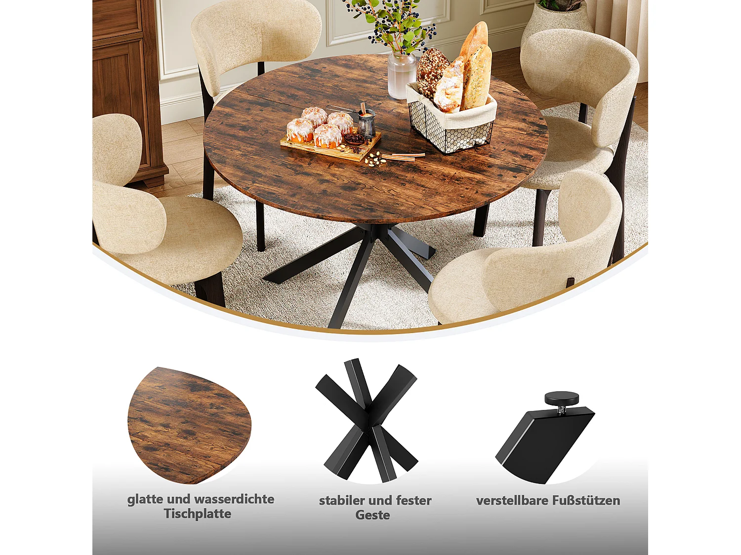 Table à manger ronde 120x120x78cm style industriel Pieds de table en fer en brunâtre noir pour cuisine et salon