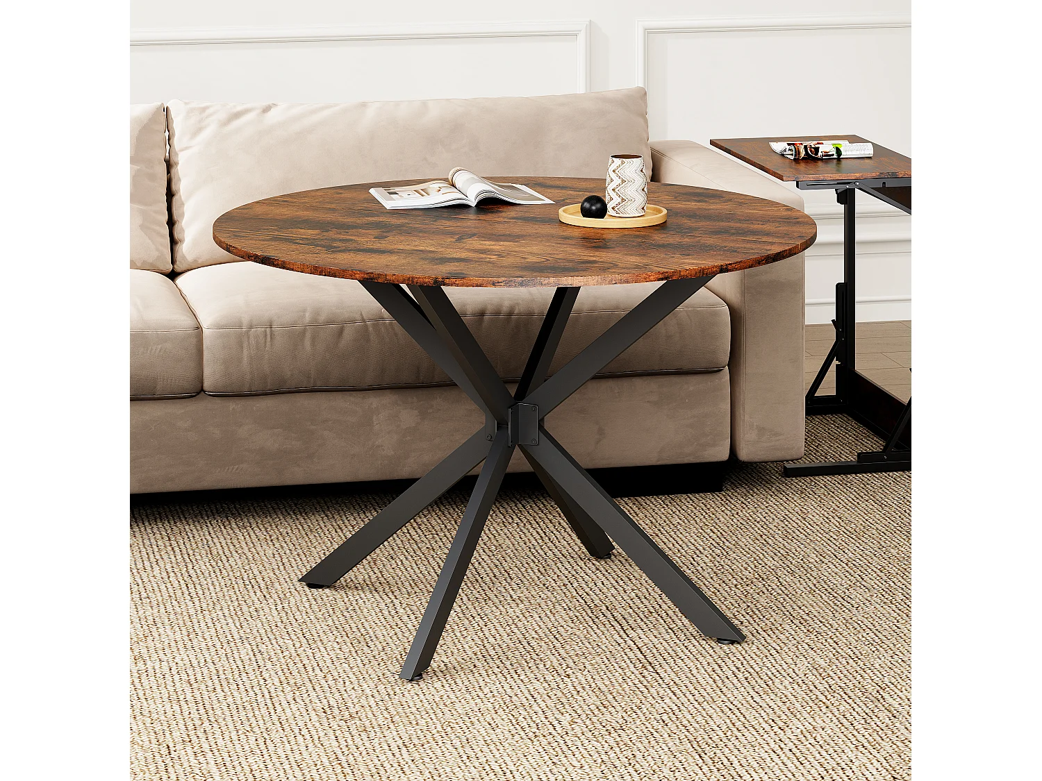 Table à manger ronde 120x120x76 cm, stabilité sans oscillation, pieds réglables, fer, panneaux de particules, noir et marron