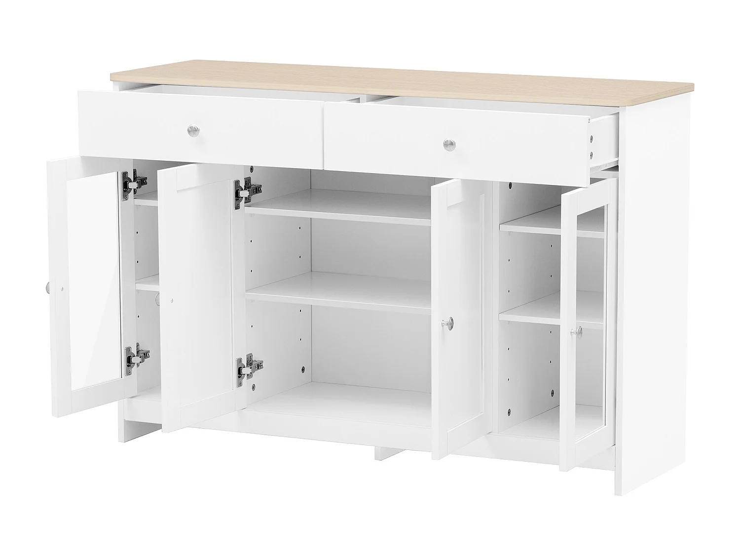 Buffet 120x37x80 cm avec Deux tiroirs et quatre portes d'armoire avec étagères réglables MDF en blanc pour Salon et salle à manger