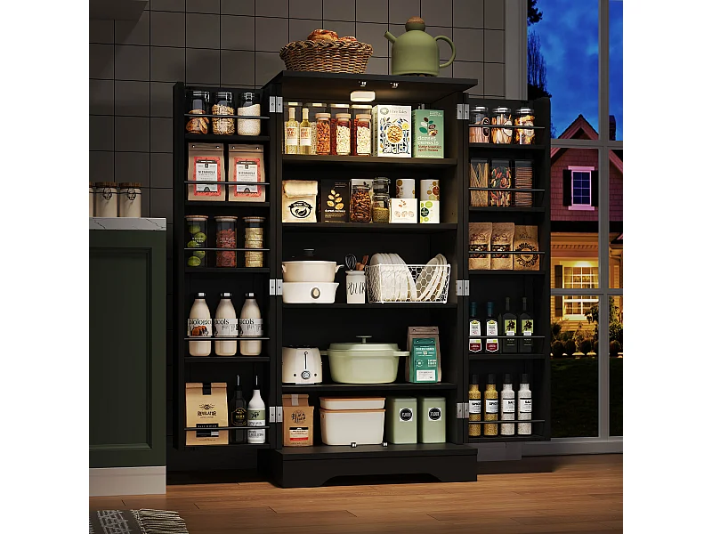 Buffet 60x40x120.5 cm avec LED Étagères réglables et meuble de rangement à double porte Matériau MDF en noir pour salon et salle à manger