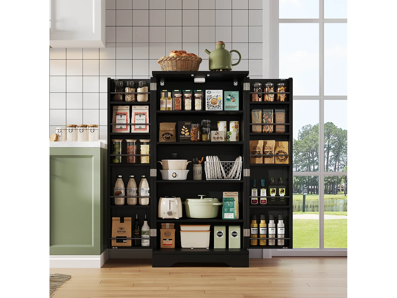 Buffet 60x40x120.5 cm avec LED Étagères réglables et meuble de rangement à double porte Matériau MDF en noir pour salon et salle à manger