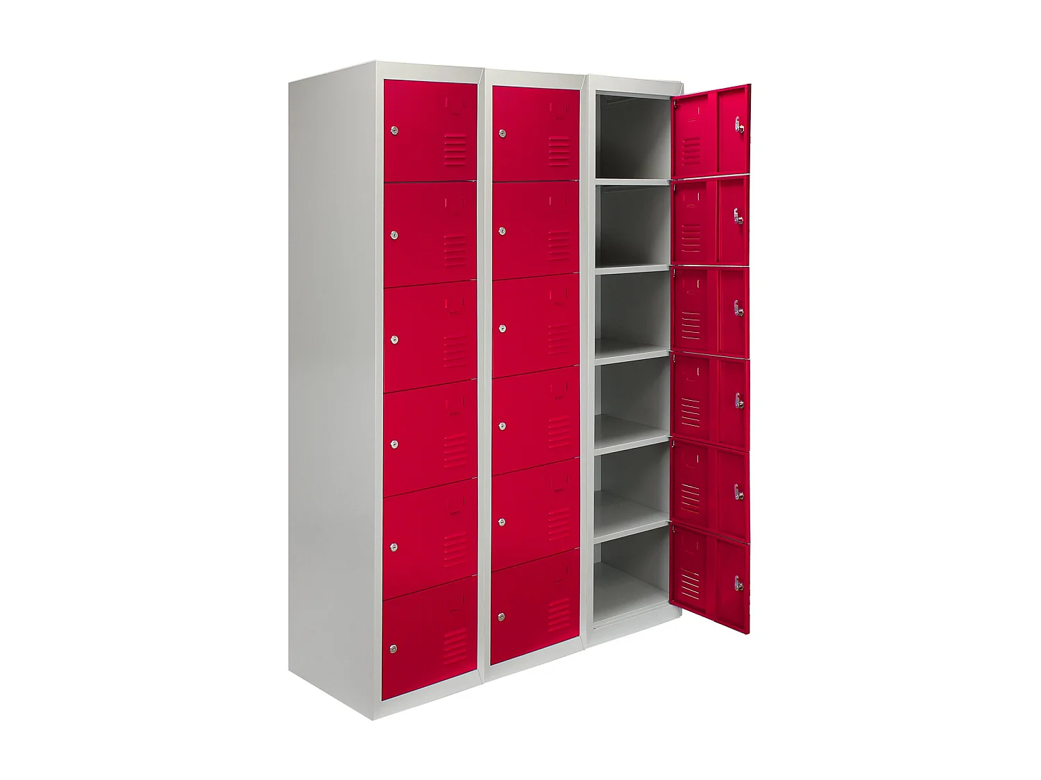 3 x metalowe szafki magazynowe – sześciodrzwiowe, czerwone – w płaskim opakowaniu