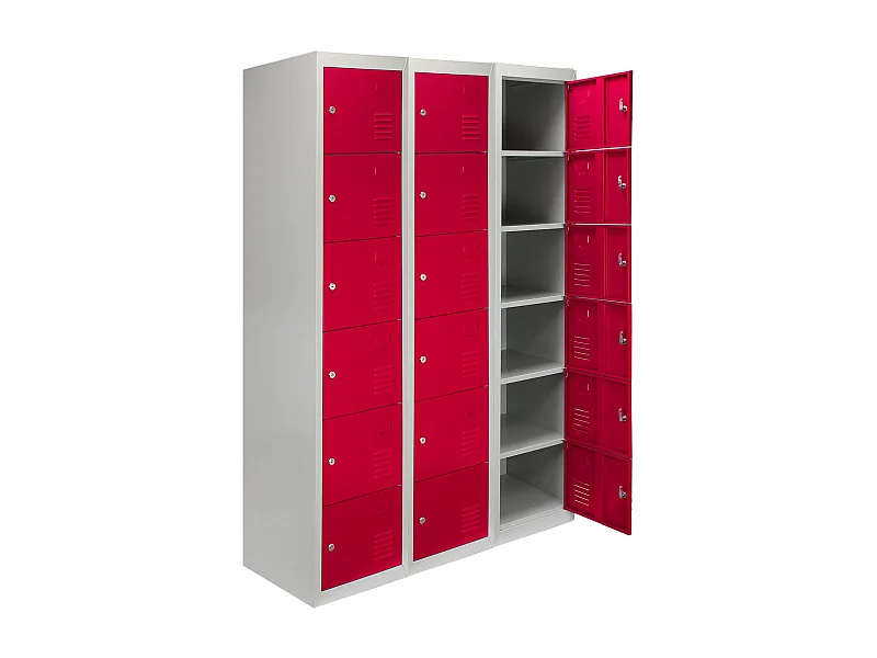 3 x metalowe szafki magazynowe – sześciodrzwiowe, czerwone – w płaskim opakowaniu