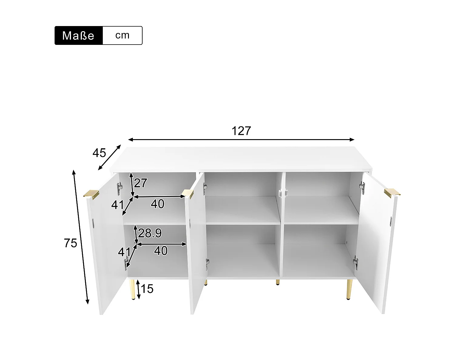 Buffet 127x45x75 cm avec Étagères à deux niveaux et six compartiments Matériau MDF en blanc pour Salon et salle à manger