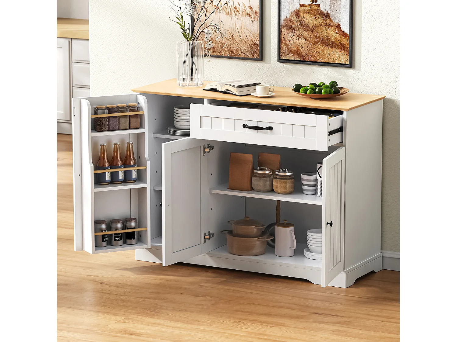 Buffet Meuble bas style scandinave accès facile MDF pour entrée salon Blanc naturel