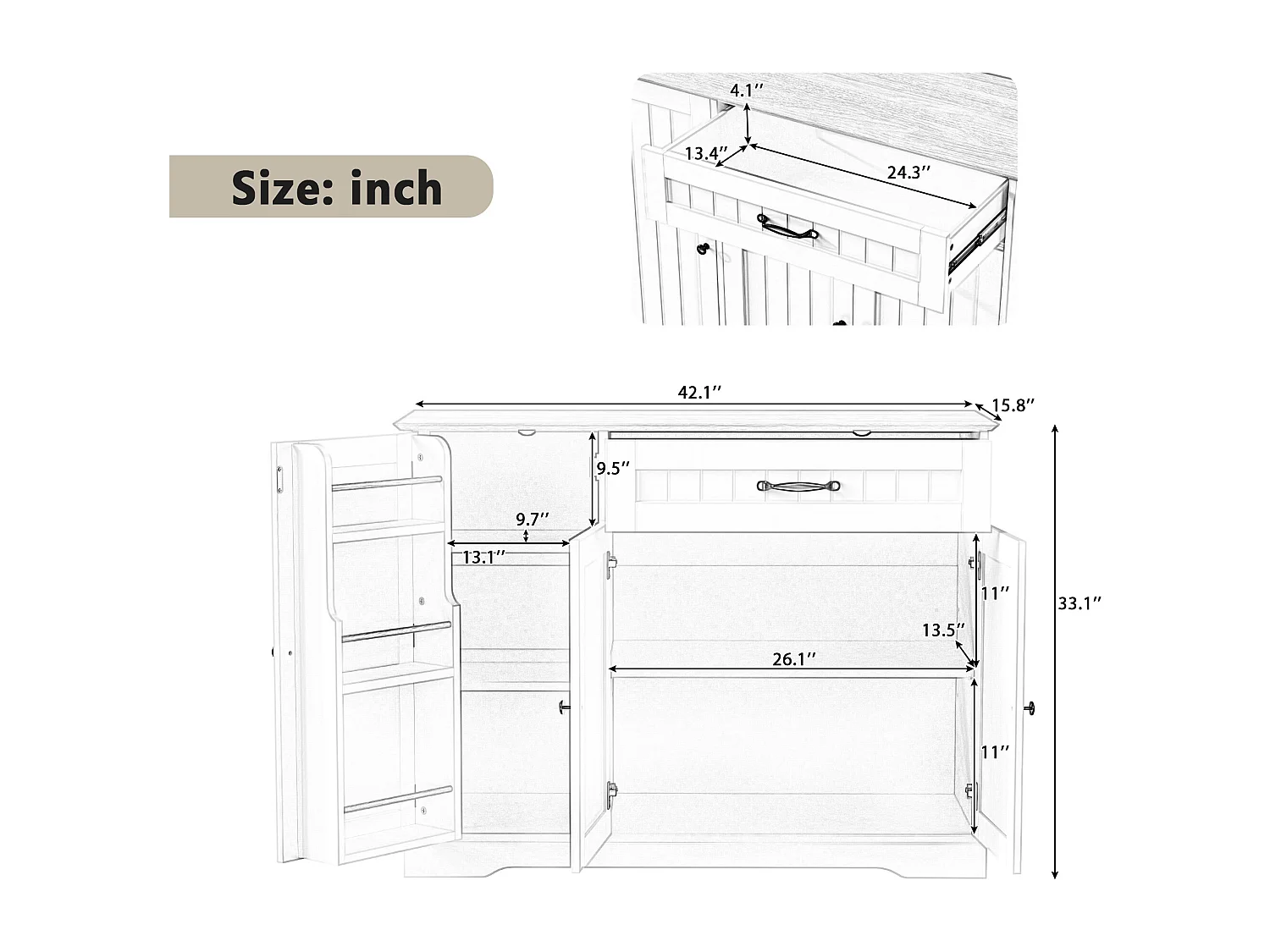 Buffet 3 portes avec 1 tiroir, charnières grand angle, étagères réglables, MDF, blanc et naturel