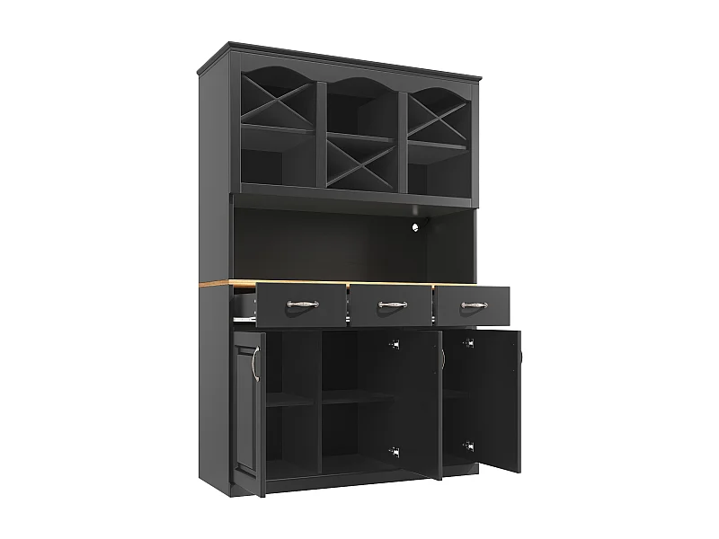 Vaisselier 120x40x180 cm, éclairage LED multicolore, 3 portes, 3 tiroirs, étagères réglables, MDF noir