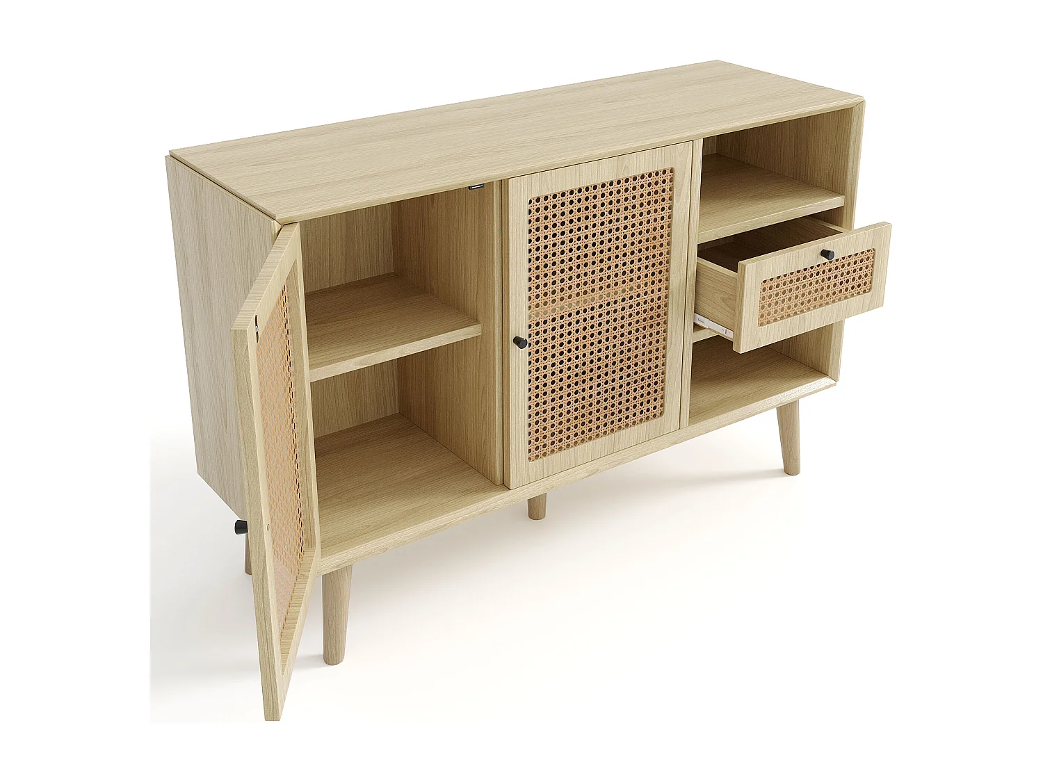 Buffet 120x40x80 cm, 1 tiroir, 2 portes magnétiques, étagères réglables, MDF, chêne