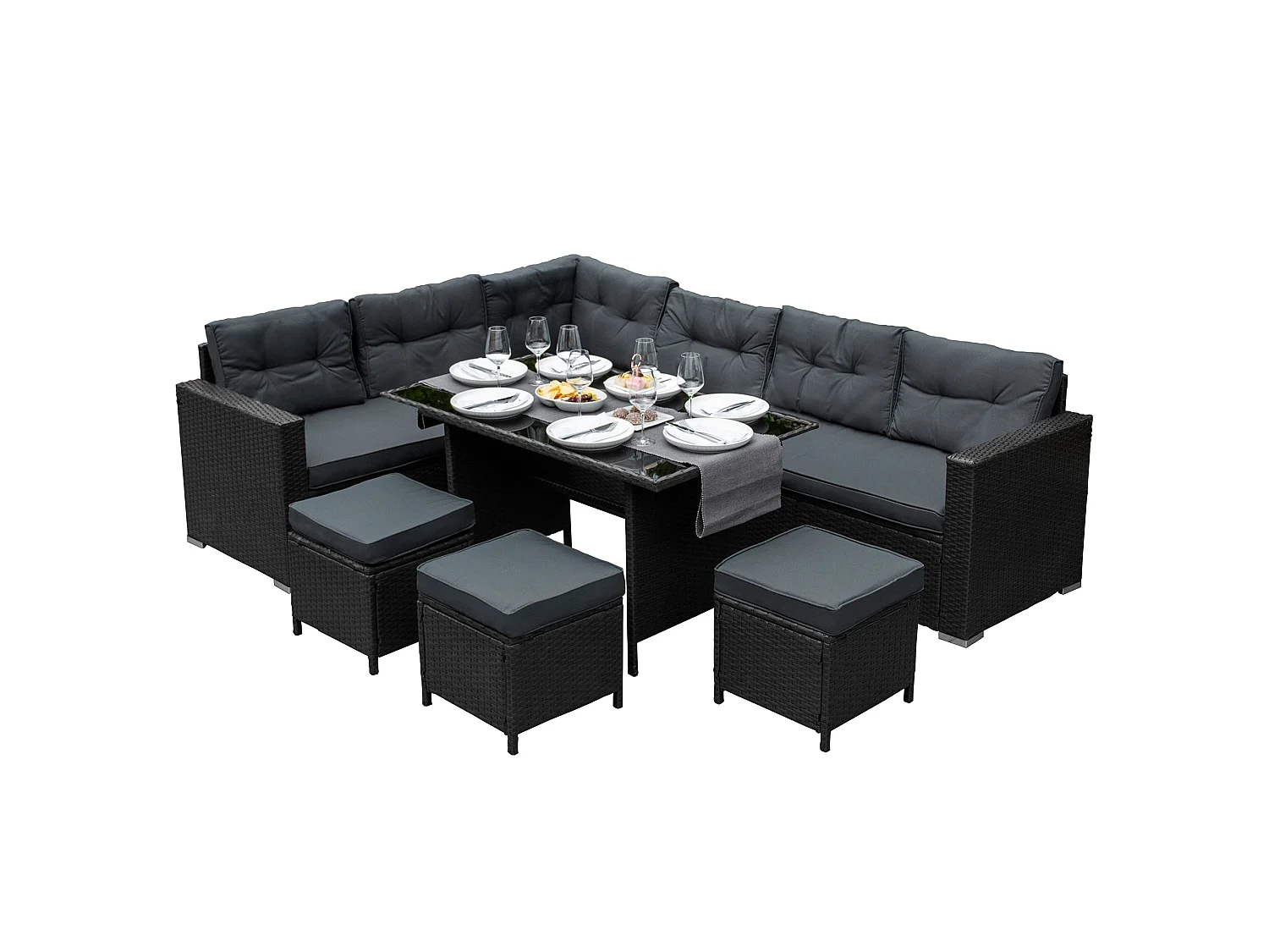 Rotan Hoekset Loungeset Dining Tuintafel - 9 Personen - Regenhoes + Uitneembare Kussens - Zwart