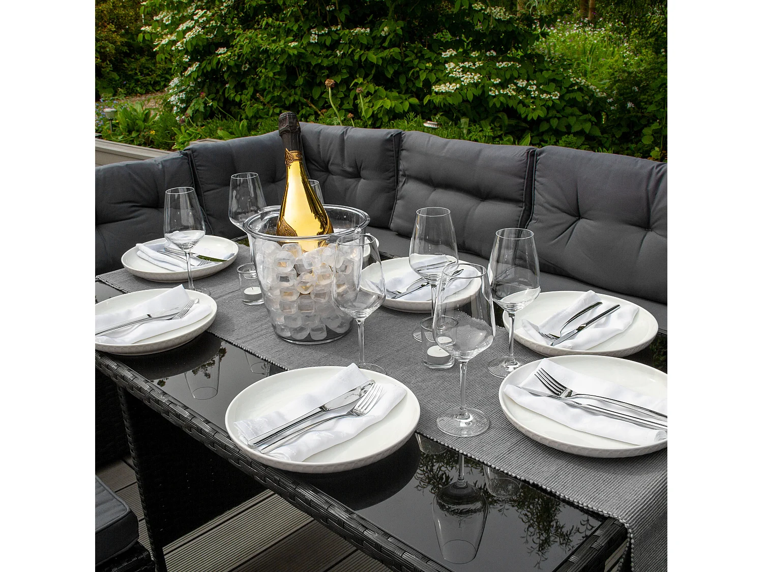 Rotan Hoekset Loungeset Dining Tuintafel - 9 Personen - Regenhoes + Uitneembare Kussens - Zwart